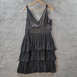 Women's event dress, black, sleeveless, A-line, V-neck, knee-length